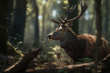 Fototapeta premium A royal deer with big antlers in the woods. AI generated