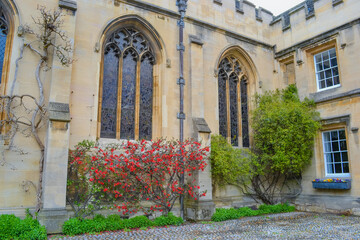 Fototapeta na wymiar UK, Oxford, 23.03.2023: View to the entrance garden of the St John's College which is constituent college of the University of Oxford.  