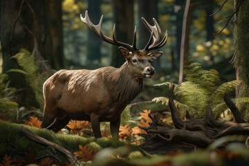 Obraz premium A royal deer with big antlers in the woods. AI generated