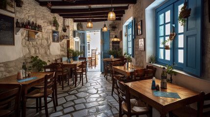 Fototapeta na wymiar A Greek taverna with fresh seafood and lively atmosp Generative AI