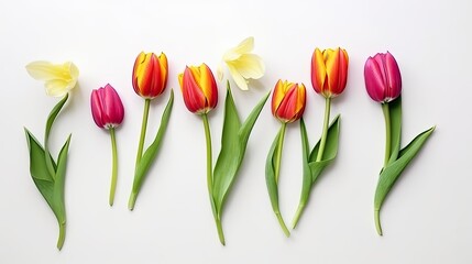 Tulips border with copy space on a white background. Beautiful frame composition of spring flowers. Generative AI