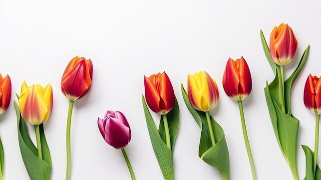 Tulips border with copy space on a white background. Beautiful frame composition of spring flowers. Generative AI