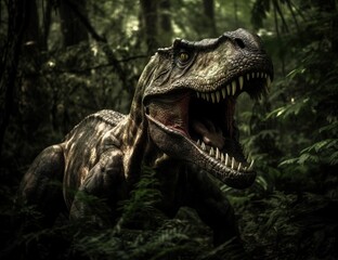 Obraz premium Big, angry and scary dinosaurs T-rex. generative ai