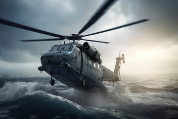 Fototapeta na wymiar Navy Helicopter in the Middle of the Ocean