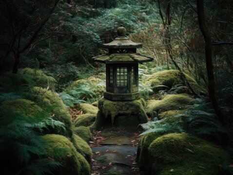 A peaceful and mystical view of a traditional garden lantern on a mossy path in a Japanese garden