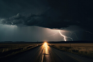 Thunderstorm on the Road at Night with Lightning Bolts