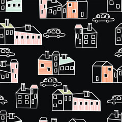 Hand drawn houses and car in graphic style white color on black background.Samless pattern for printing on fabric and paper.Linea buildings with roofs, windows and chimneys.Vector illustration. 
