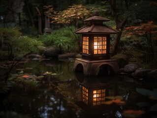 A mystical and enchanting view of a traditional lantern reflected in a koi pond in a Japanese garden