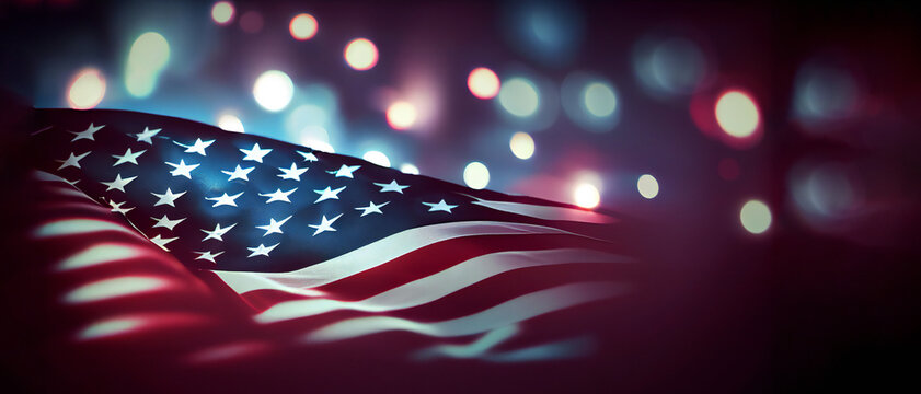 American flag and bokeh background with copy space for american celebration. Generative Ai illustration. 
