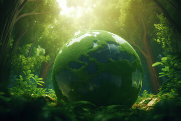 Obraz na płótnie Canvas Green Globe with Forest and Sunshine for World Environment Day