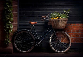 a bicycle parked next to a brick wall with a basket on the front of it and a brick wall in the back of the bike.  generative ai