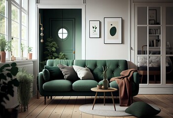 Living room interior with soft minimalist green sofa. Generative AI