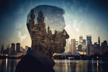 Double Exposure of Businessman Head Silhouette and Skyscrapers for Success