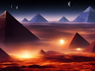 Open space with stars. The surface of another planet, the panorama of Mars. Alien landscape of extraterrestrial planet. Artistic art of another planet with an extraterrestrial landscape. Generative AI