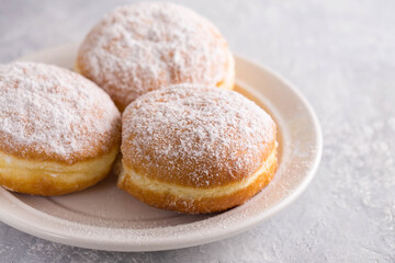 Ruddy delicious donuts berliners with filling sprinkled with powdered sugar on a white plate