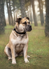 Fototapeta premium Big dog cadebo in the forest. Huge and cute dog for a walk in the forest. Pine forest and cadebo for a walk. Funny gorgeous dog with a huge muzzle