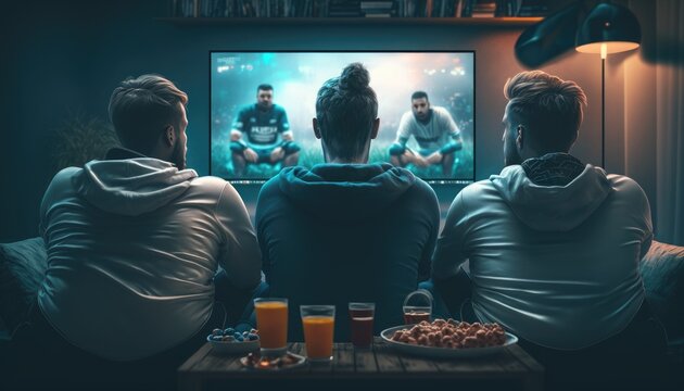 Group Of Young Adult Friend Man Asia People Sit At Sofa Couch Joy Night Party Fun Game FIFA World Cup Live TV At Home Eat Snack Bowl Drink Beer Bottle Glass Jump Happy. Generative AI