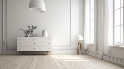 White minimalist room interior with sofa on a wooden floor, decor on a large wall. Generative Ai