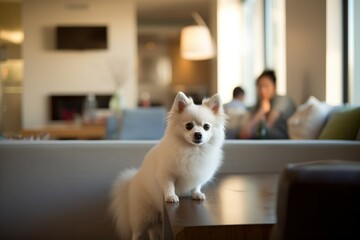 Lovely Pomeranian dog leaning on the coffee table in an apartment