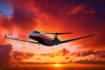Fototapeta na wymiar Private Jet Soaring through Vibrant Sunset