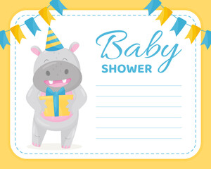 Cute Hippo Character with Gift Box Empty Baby Shower Card Vector Template
