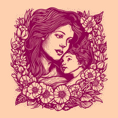 Mother's day illustration. Hand drawn vintage engraving style woodcut vector illustration. Optimised vector.