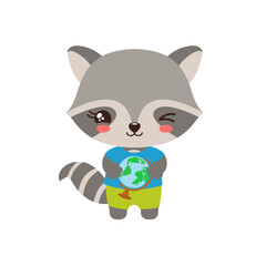 School student raccoon holding a globe. Social studies learning. Elementary pupil little raccoon kawaii animal. Primary school geography subject vector. Education clipart.