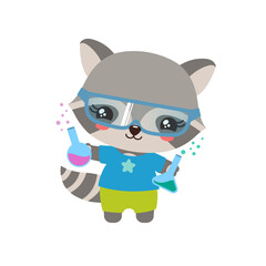 School student animal raccoon. Science school subject vector. Little raccoon holding test bottles. Elementary education cartoon raccoon kid. Educational clipart. Little genius  scientist.