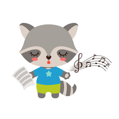 Singing animal cute raccoon cartoon character. Kawaii raccoon animal student. Musical class logo or mascot. Music notes song learning. Music lesson elementary school subject.