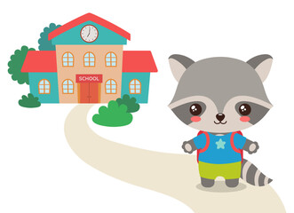 Back to school kawaii raccoon vector illustration. Cute raccoon woodland animal student on a path to school building. Smiling animal cartoon character. Elementary school fun clipart flat design.
