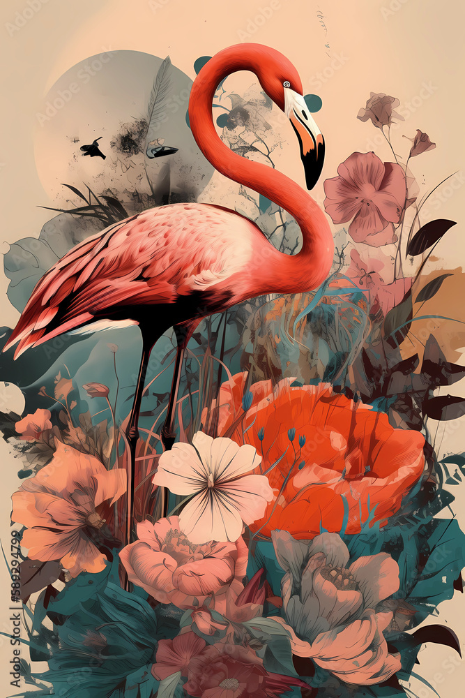 Wall mural flamingo and palms, surreal abstract collage with a vintage retro style. generative ai