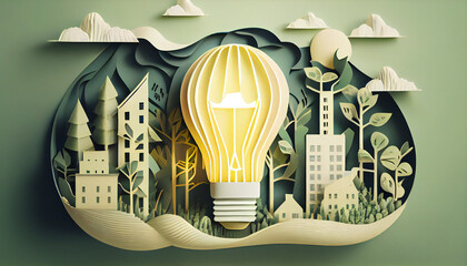 Fototapeta na wymiar Paper cut of light bulb with green eco city, save energy creative idea concept. Generative Ai illustration. 