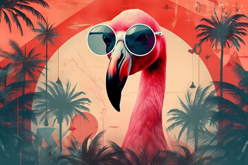flamingo with sunglasses and palms, surreal abstract collage with a vintage style, 60s retro style. Generative AI - obrazy, fototapety, plakaty