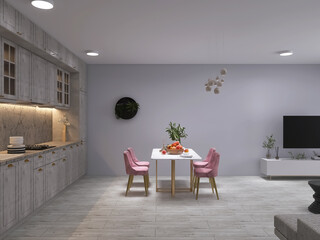 Kitchen dining room 3d render, 3d illustration