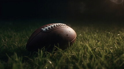 American football on green grass, on dark background. Generative Ai