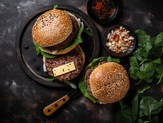 Classic hamburger with beef, bun, lettuce, onion for lunch or dinner. Fastfood on table top view for National Burger Day, Fast Food Day or Cheeseburger Day. Generative AI