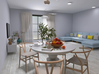 Kitchen dining room 3d render, 3d illustration