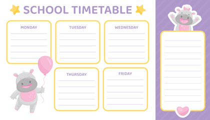 Cute Hippo Character School Timetable Vector Template