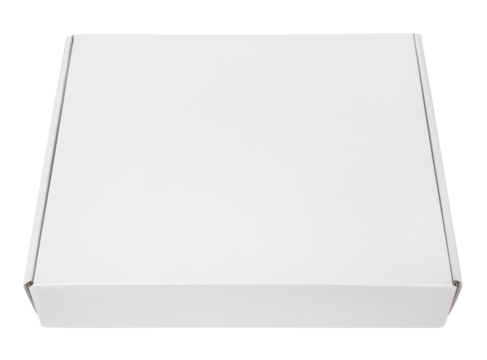 Closed blank white carton pizza box isolated on transparent background