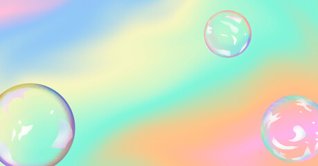 Three colorful bubbles on a wavy background consisting of blue, yellow, green, orange and pink colors with copy space. Soap bubbles on a rainbow background.