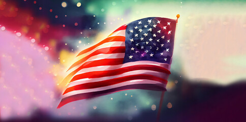 Watercolor Illustration of a Usa Flag With Bokeh Blur Background. Generative AI illustration. 