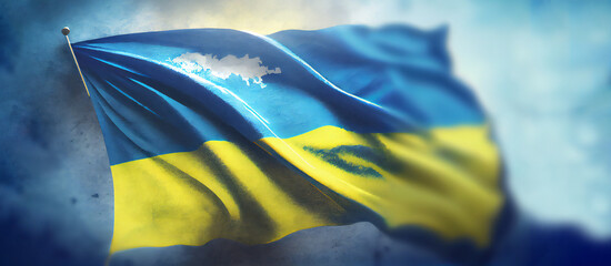 Waving colourful flag of Ukraine with bokeh on background. Generative ai illustration. 