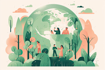 flat world People tree planting environment day illustration safe earth
