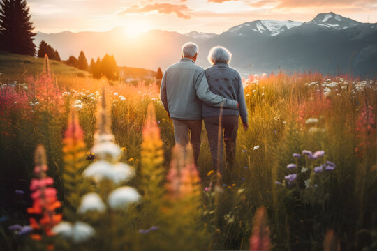 elderly couple strolling through a meadow in the alps with view. generative ai