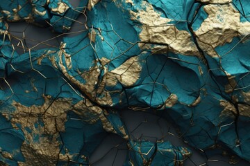 Attractive abstract gold blue 3D leaf, background with luxury accent, hint of kintsugi art, digital image created using Generative AI. 