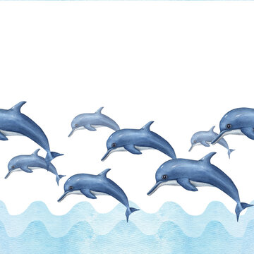 Flock of swimming dolphins in cartoon style with abstract waves isolated on white background. Watercolor illustration for template, greeting card design, wrapping, scrapbooking, print
