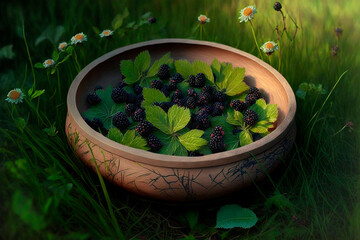 Blackberries in a wooden bowl on the grass. Generative AI