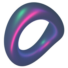 Abstract glossy curved ring shape 3d render. Futuristic dark blue design element with bright pink green purple highlights. Neon glow. Technology concept. Zero number symbol png. Transparent background