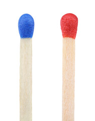 Closeup of blue and red matches isolated on transparent background