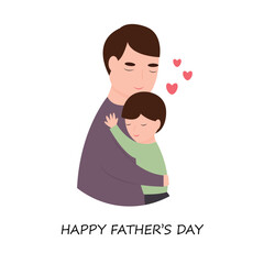 Obraz na płótnie Canvas Father's Day greeting card with image of man hugging his little son. Vector illustration in cartoon style.